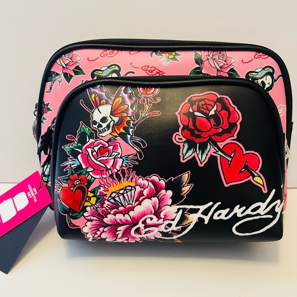 Ed Hardy Handbags - Ed Hardy 2 Piece Cosmetic Set Skull with Butterfly Wings Hearts Roses Snake Bird